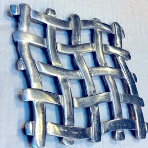1980s Vintage Stainless Steel Silver Woven Metal Trivet Easy Hang Small Spaces